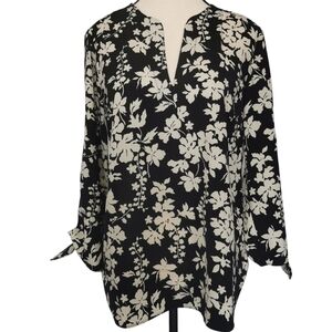 Michael Kors Split Neck 3/4 Tied Sleeve Black White Floral Blouse - Sz S